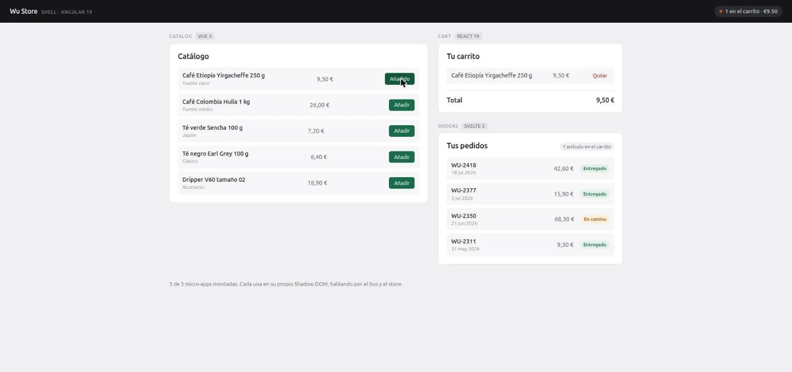 Wu Store: catálogo Vue, carrito React y pedidos Svelte dentro de un shell Angular